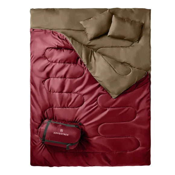 Adventrek Burgundy Double Sleeping Bag with Carrying Bag & Pillows