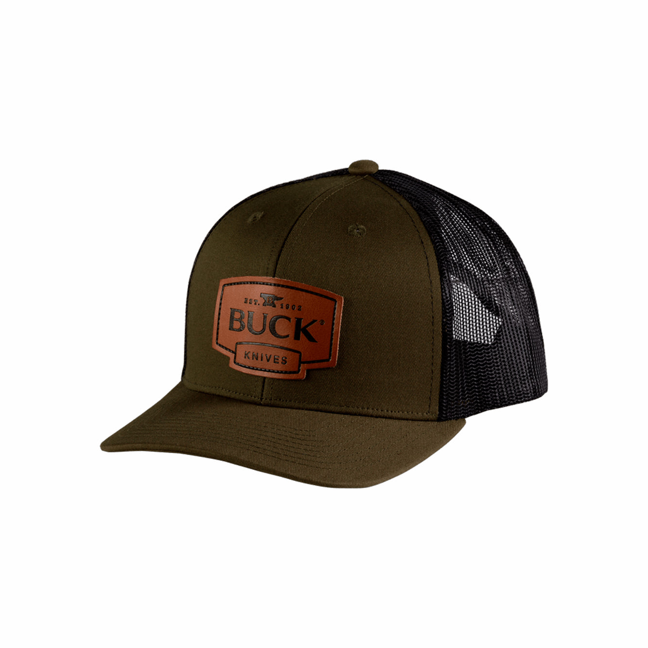 Buck® Knives Buck Leather Patch Logo Trucker Hat - O.D. Green