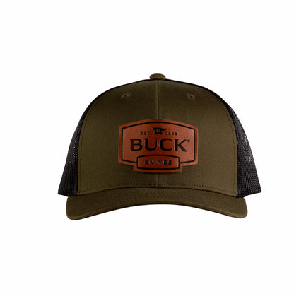 Buck® Knives Buck Leather Patch Logo Trucker Hat - O.D. Green