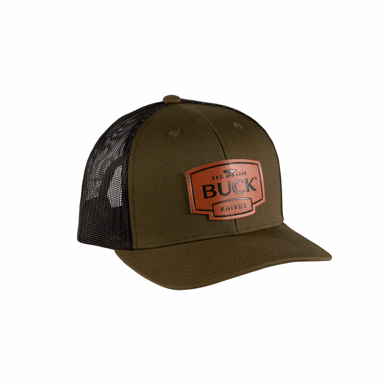 Buck® Knives Buck Leather Patch Logo Trucker Hat - O.D. Green